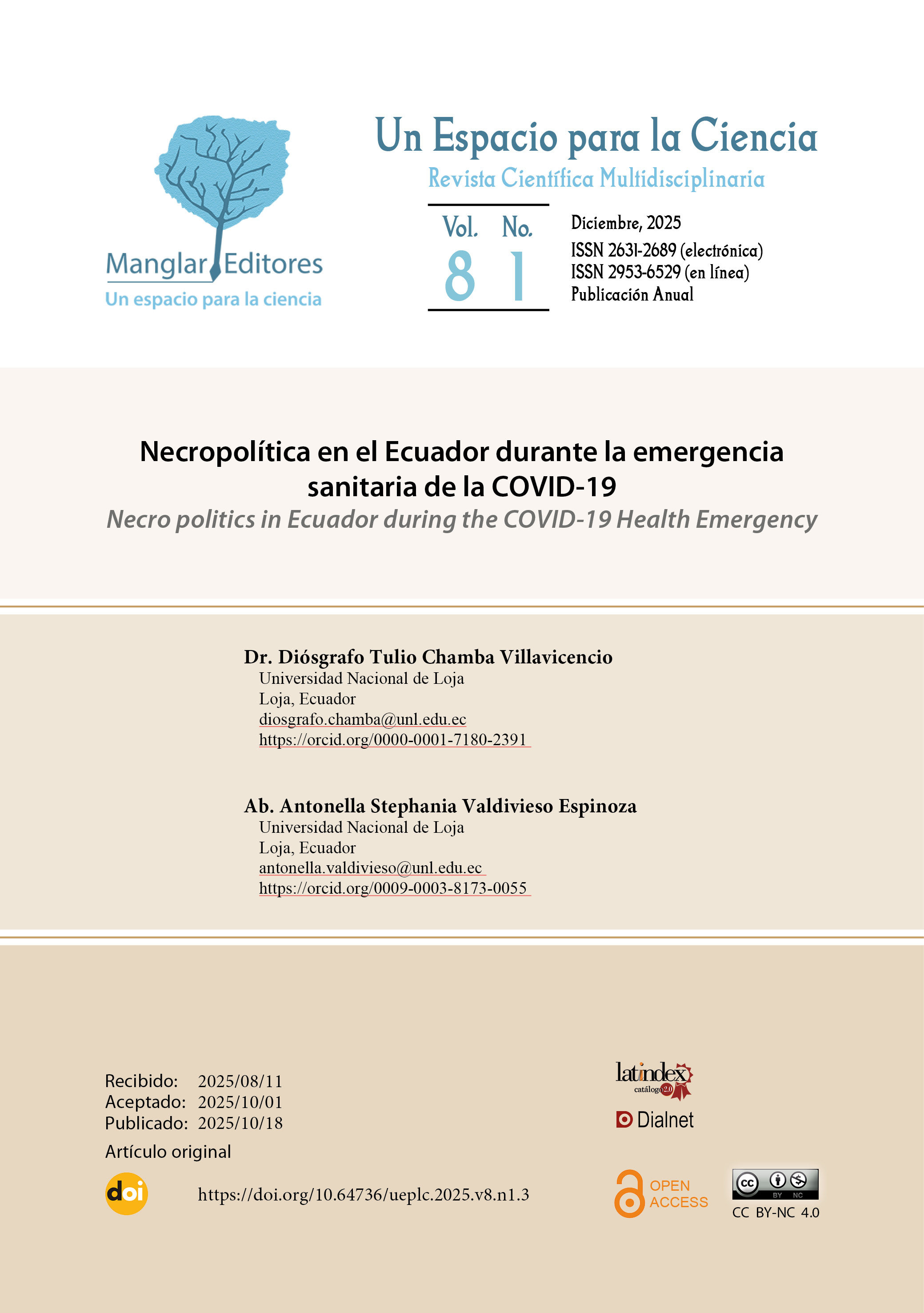 Portada de artículo publicado en Un Espacio para la Ciencia, revista científica multidisciplinaria editada por Manglar Editores. Incluye encabezado institucional con logotipo, título del artículo en español e inglés, datos de autoría y afiliación, fechas editoriales (recibido, aceptado, publicado) y logotipos de indexación e identificación de licencia Creative Commons CC BY-NC 4.0.