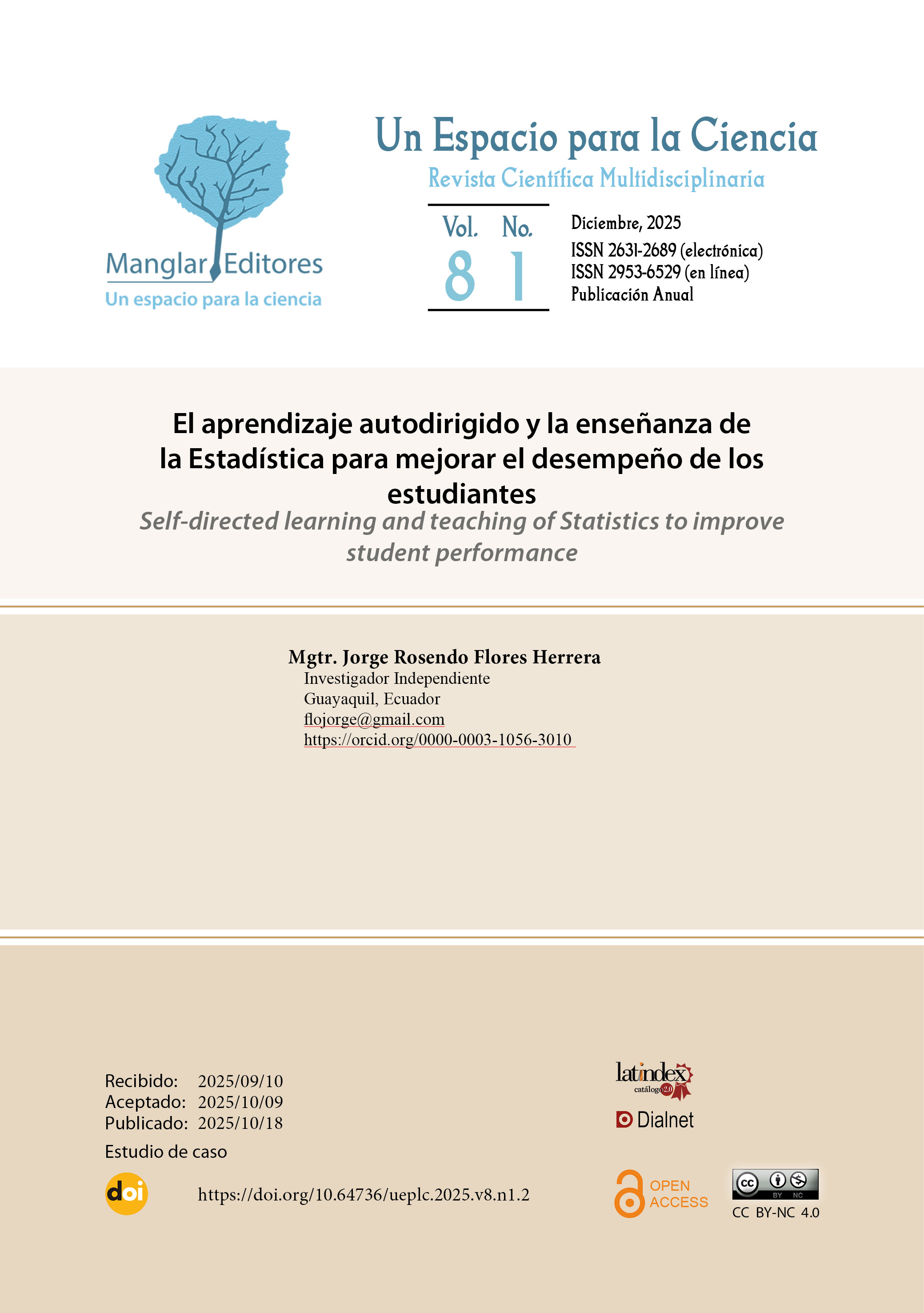 Portada de artículo publicado en Un Espacio para la Ciencia, revista científica multidisciplinaria editada por Manglar Editores. Incluye encabezado institucional con logotipo, título del artículo en español e inglés, datos de autoría y afiliación, fechas editoriales (recibido, aceptado, publicado) y logotipos de indexación e identificación de licencia Creative Commons CC BY-NC 4.0.