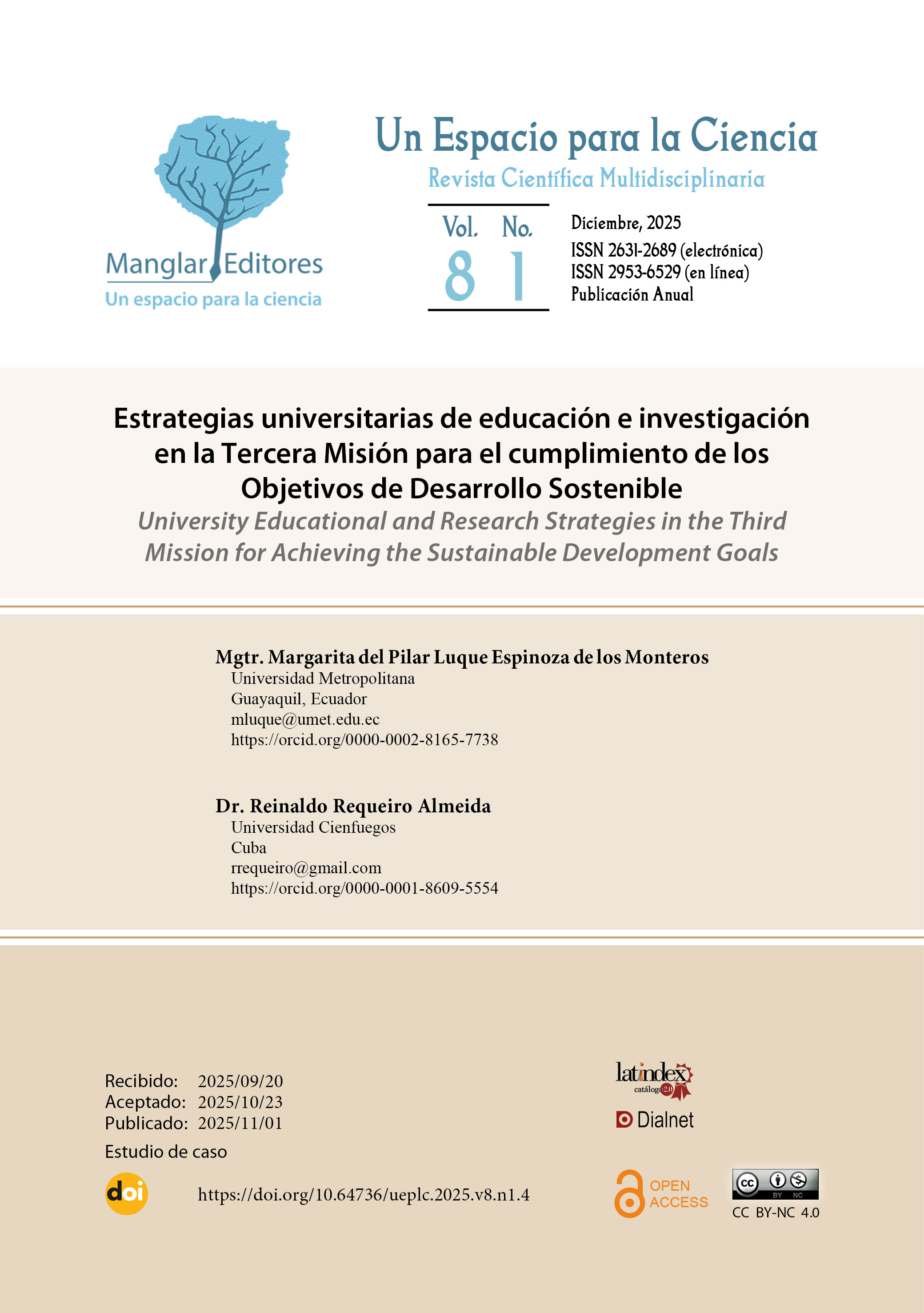 Portada de artículo publicado en Un Espacio para la Ciencia, revista científica multidisciplinaria editada por Manglar Editores. Incluye encabezado institucional con logotipo, título del artículo en español e inglés, datos de autoría y afiliación, fechas editoriales (recibido, aceptado, publicado) y logotipos de indexación e identificación de licencia Creative Commons CC BY-NC 4.0.