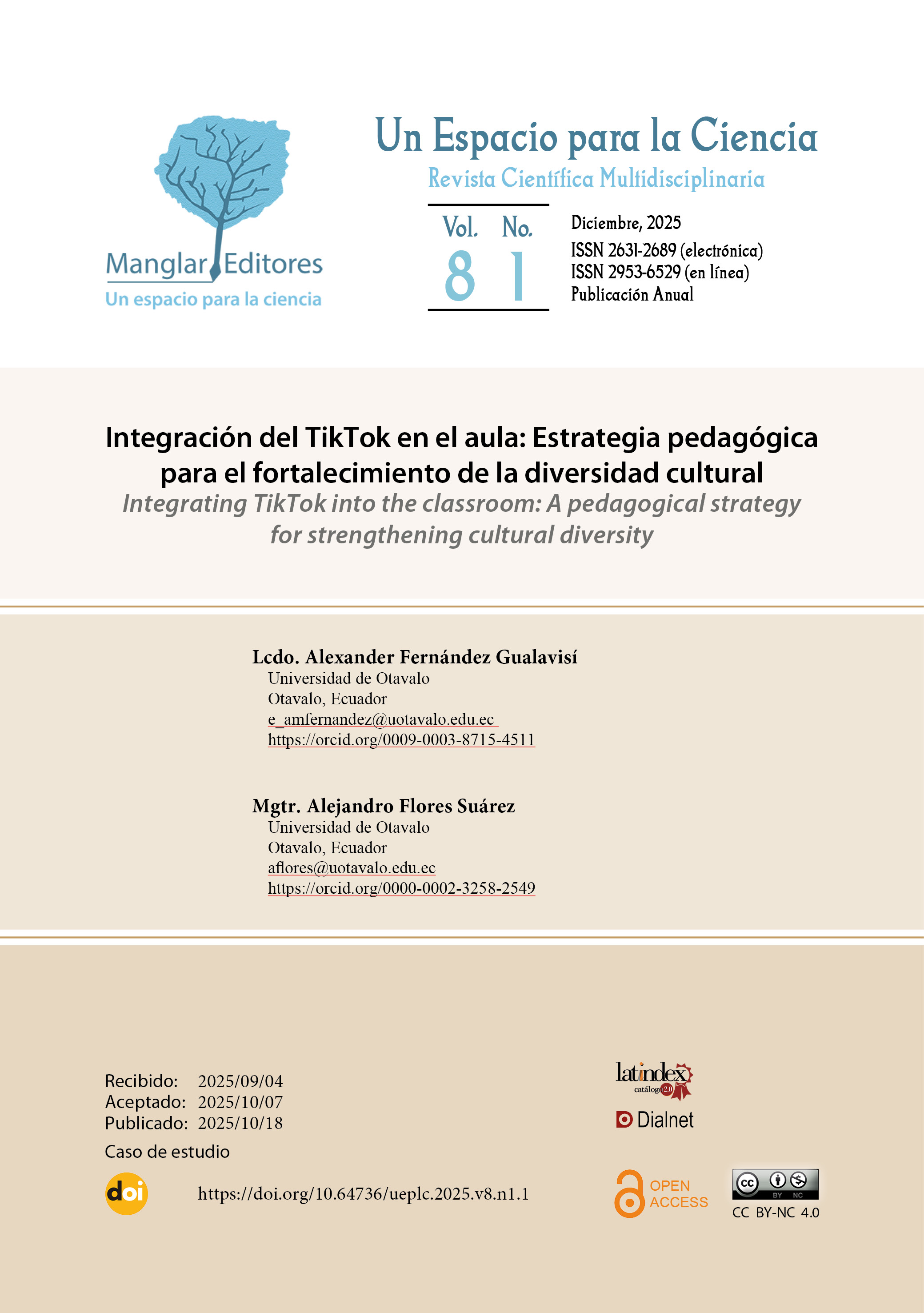 Portada de artículo publicado en Un Espacio para la Ciencia, revista científica multidisciplinaria editada por Manglar Editores. Incluye encabezado institucional con logotipo, título del artículo en español e inglés, datos de autoría y afiliación, fechas editoriales (recibido, aceptado, publicado) y logotipos de indexación e identificación de licencia Creative Commons CC BY-NC 4.0.