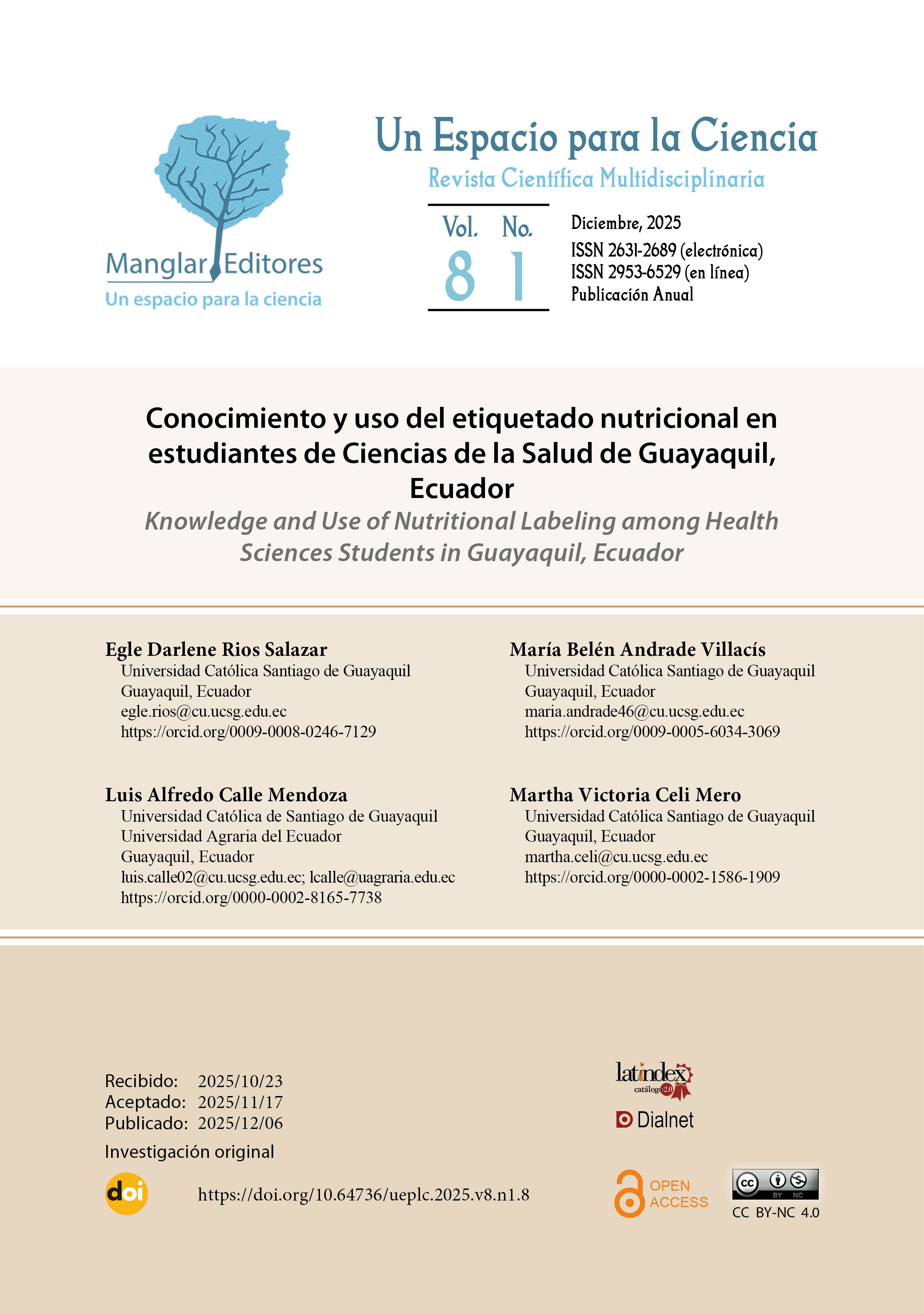 Portada de artículo publicado en Un Espacio para la Ciencia, revista científica multidisciplinaria editada por Manglar Editores. Incluye encabezado institucional con logotipo, título del artículo en español e inglés, datos de autoría y afiliación, fechas editoriales (recibido, aceptado, publicado) y logotipos de indexación e identificación de licencia Creative Commons CC BY-NC 4.0.