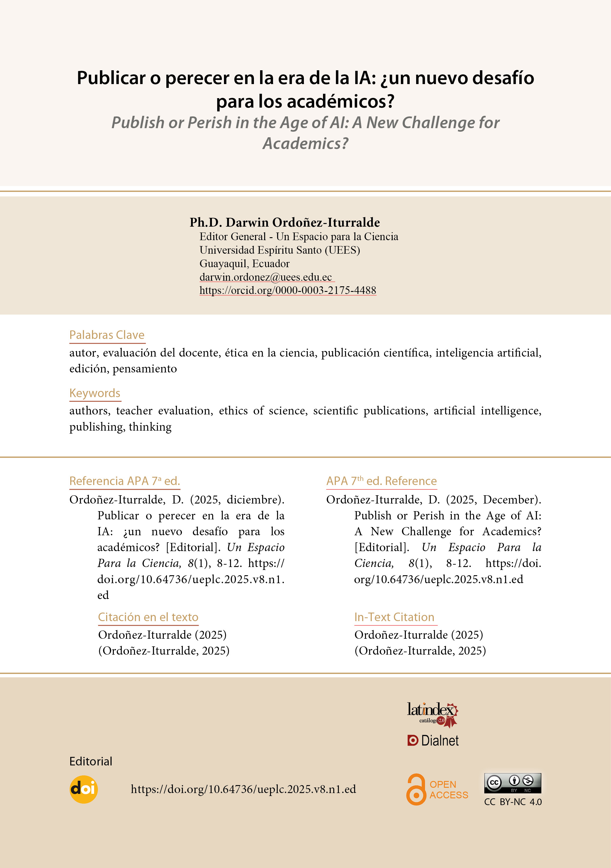 Portada de editorial publicado en Un Espacio para la Ciencia, revista científica multidisciplinaria editada por Manglar Editores. Incluye encabezado institucional con logotipo, título del artículo en español e inglés, datos de autoría y afiliación, fechas editoriales (recibido, aceptado, publicado) y logotipos de indexación e identificación de licencia Creative Commons CC BY-NC 4.0.